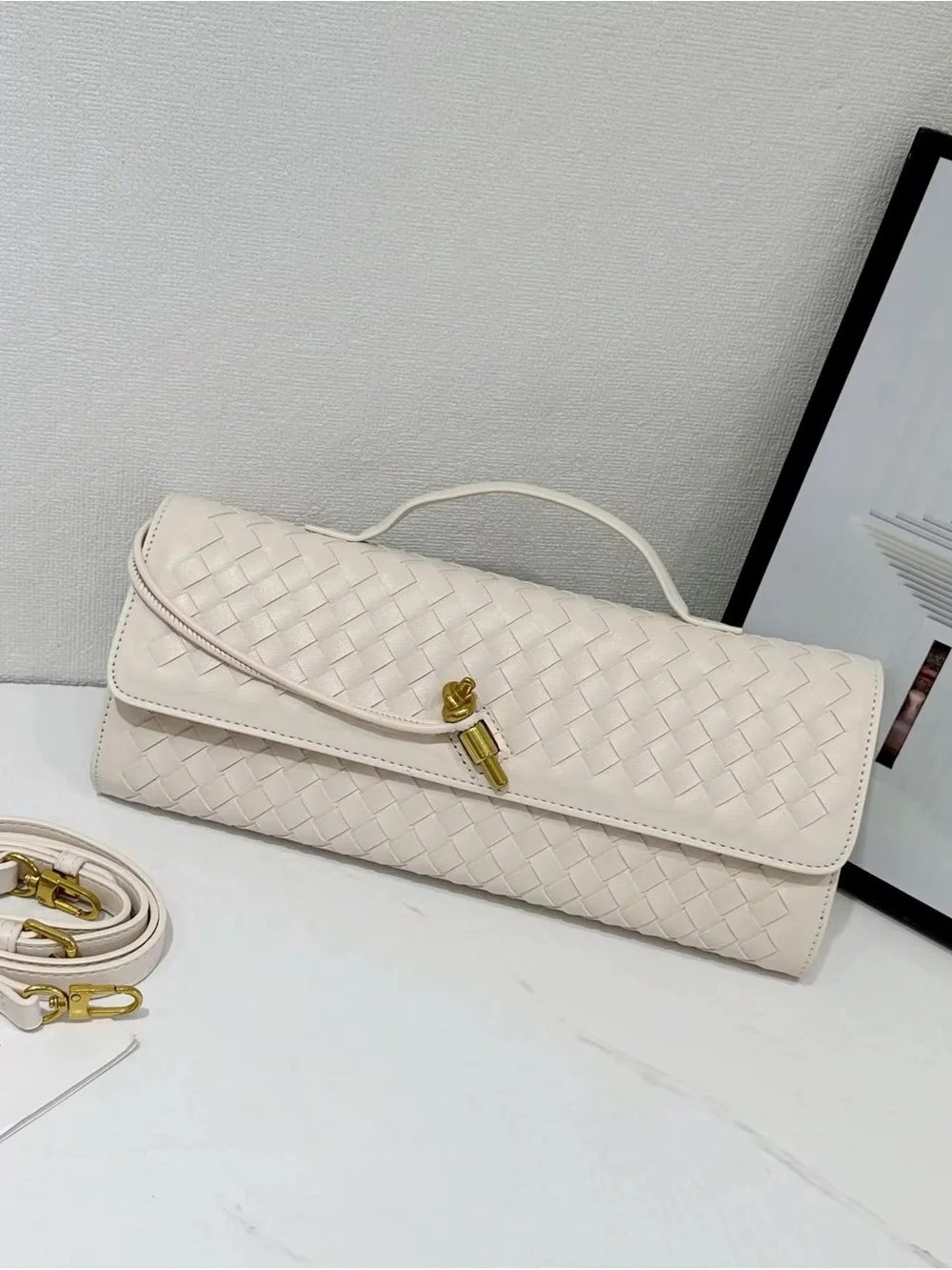 Woven Leather Top-Handle Clutch - beige with Gold Accent